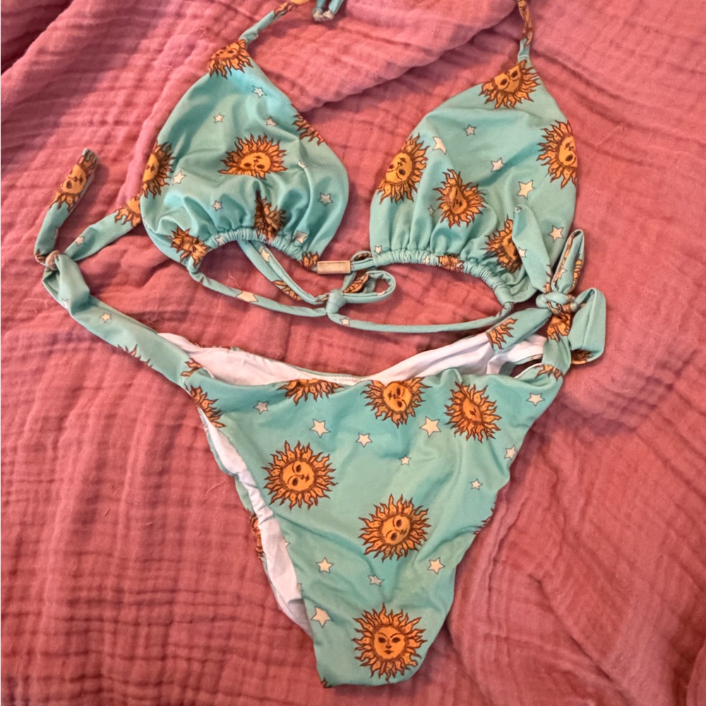 Sunshine Print Aqua Triangle Bikini Set - Women